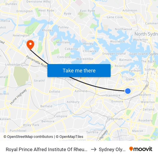 Royal Prince Alfred Institute Of Rheumatology & Orthopaedics to Sydney Olympic Park map