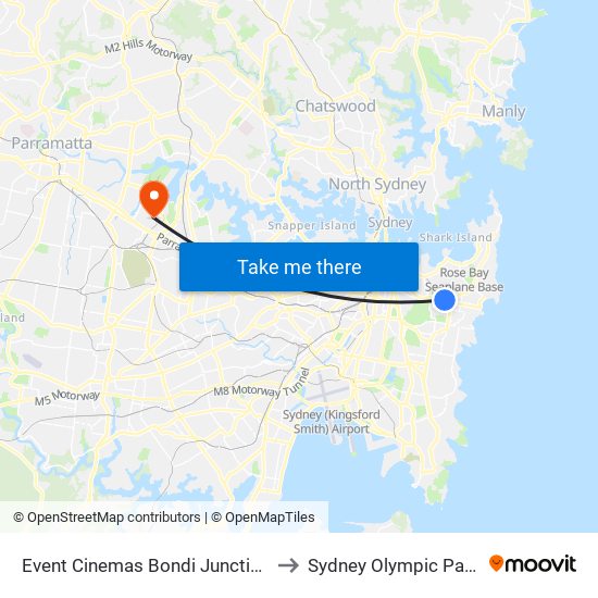 Event Cinemas Bondi Junction to Sydney Olympic Park map