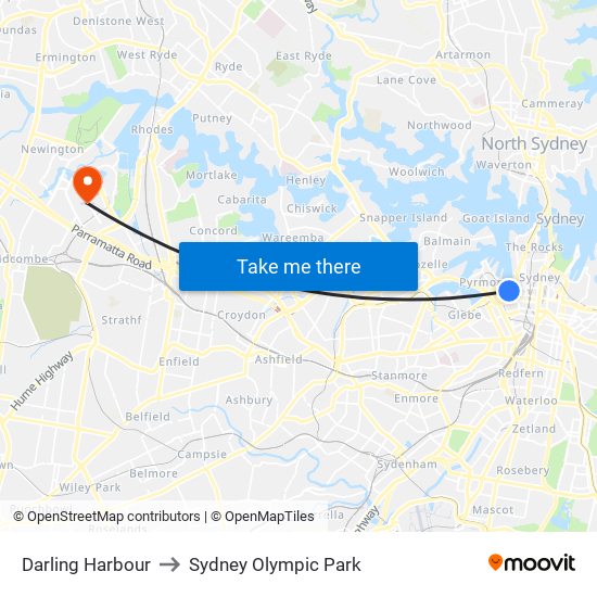 Darling Harbour to Sydney Olympic Park map