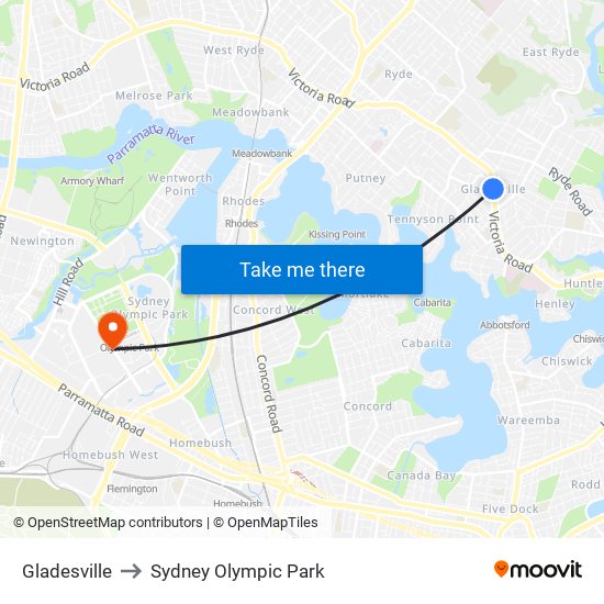 Gladesville to Sydney Olympic Park map