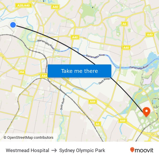 Westmead Hospital to Sydney Olympic Park map