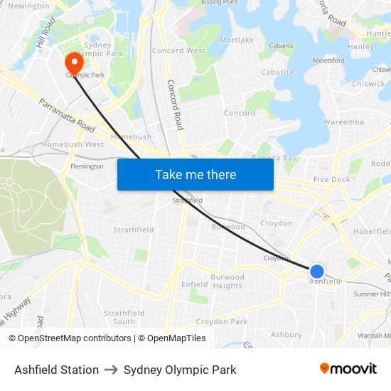 Ashfield Station to Sydney Olympic Park map