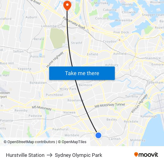 Hurstville Station to Sydney Olympic Park map