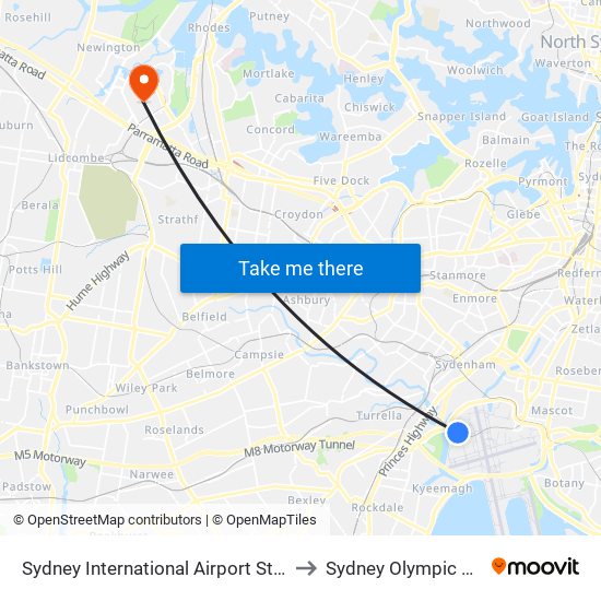 Sydney International Airport Station to Sydney Olympic Park map