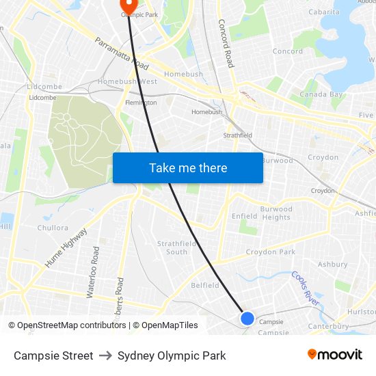 Campsie Street to Sydney Olympic Park map