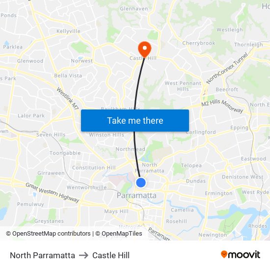 North Parramatta to Castle Hill map