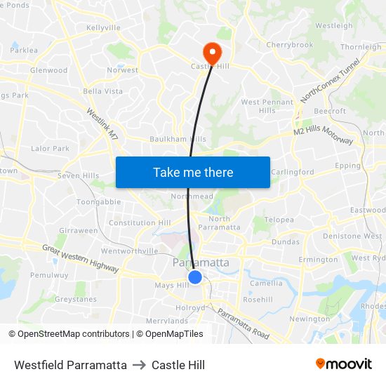 Westfield Parramatta to Castle Hill map