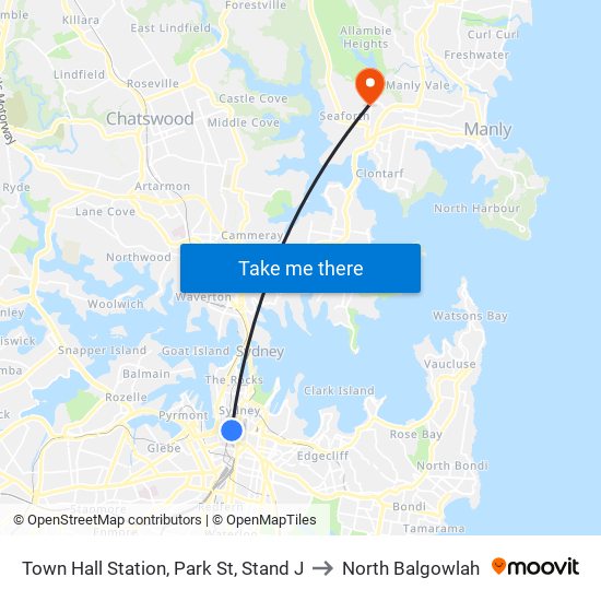 Town Hall Station, Park St, Stand J to North Balgowlah map
