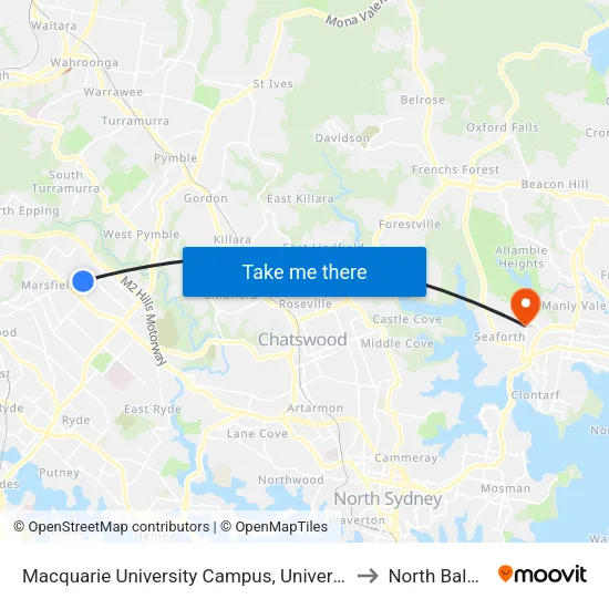 Macquarie University Campus, University Ave, Stand A to North Balgowlah map