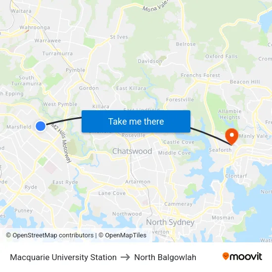 Macquarie University Station to North Balgowlah map