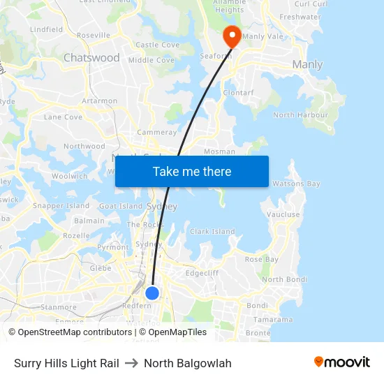 Surry Hills Light Rail to North Balgowlah map