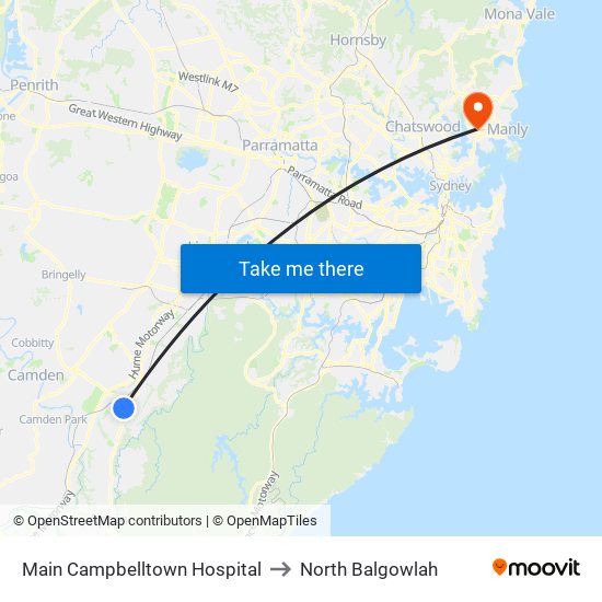Main Campbelltown Hospital to North Balgowlah map
