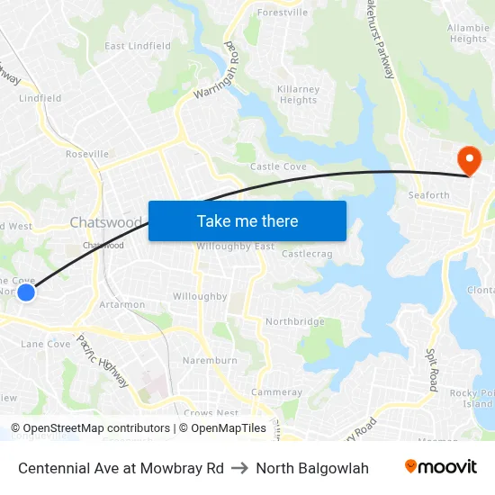 Centennial Ave at Mowbray Rd to North Balgowlah map