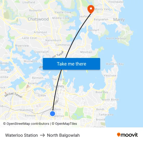 Waterloo Station to North Balgowlah map