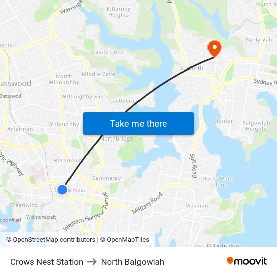 Crows Nest Station to North Balgowlah map
