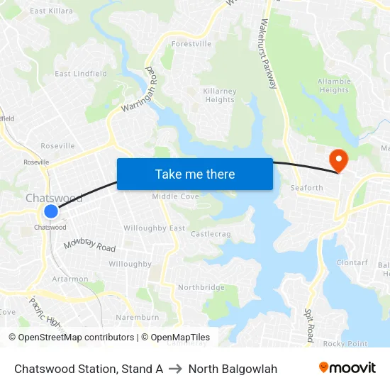 Chatswood Station, Stand A to North Balgowlah map