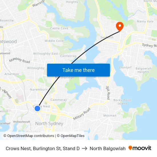 Crows Nest, Burlington St, Stand D to North Balgowlah map