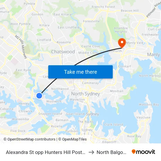 Alexandra St opp Hunters Hill Post Office to North Balgowlah map