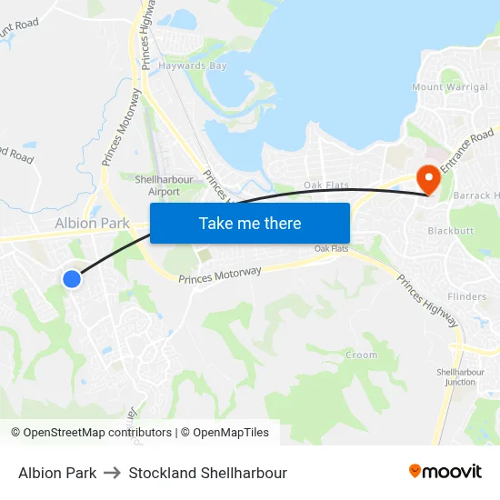 Albion Park to Stockland Shellharbour map