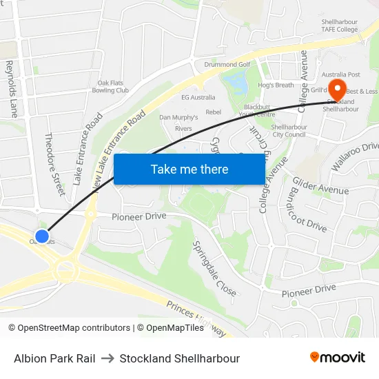 Albion Park Rail to Stockland Shellharbour map