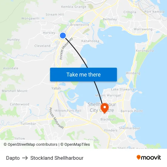 Dapto to Stockland Shellharbour map