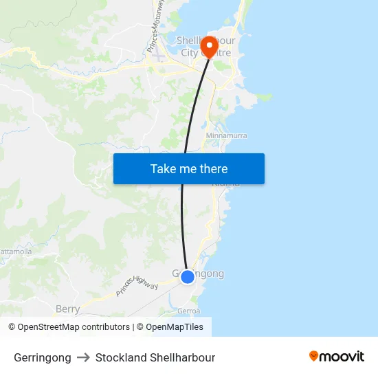 Gerringong to Stockland Shellharbour map