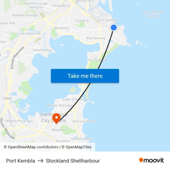 Port Kembla to Stockland Shellharbour map