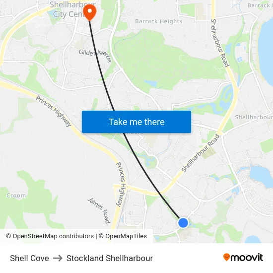 Shell Cove to Stockland Shellharbour map
