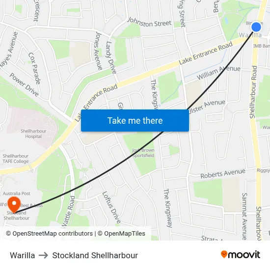 Warilla to Stockland Shellharbour map