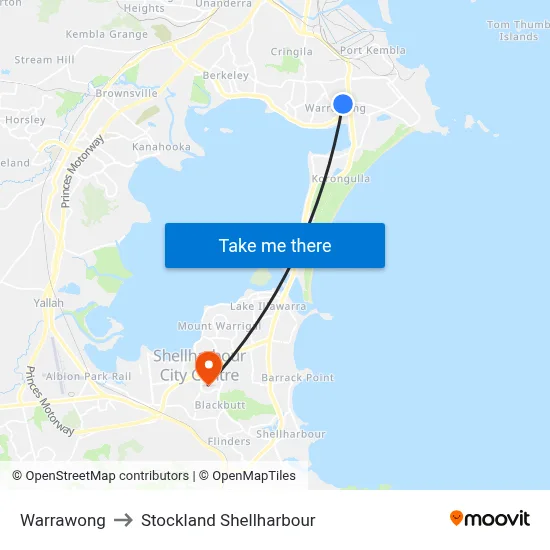 Warrawong to Stockland Shellharbour map