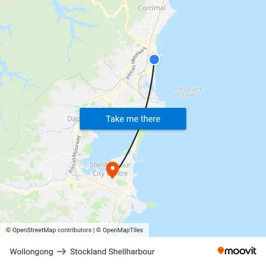 Wollongong to Stockland Shellharbour map