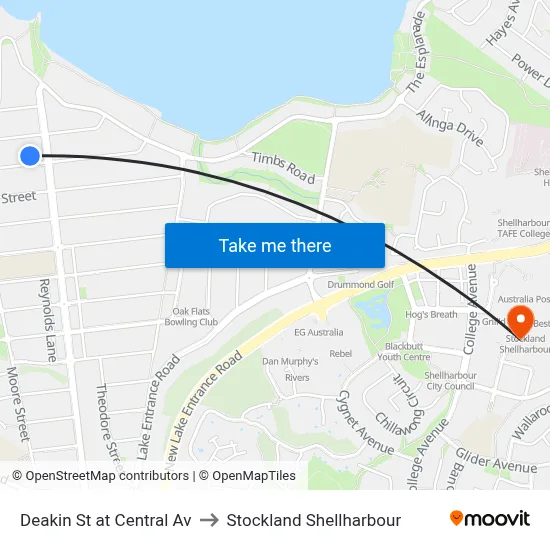 Deakin St at Central Av to Stockland Shellharbour map