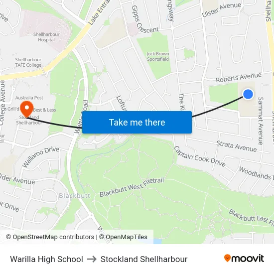 Warilla High School to Stockland Shellharbour map