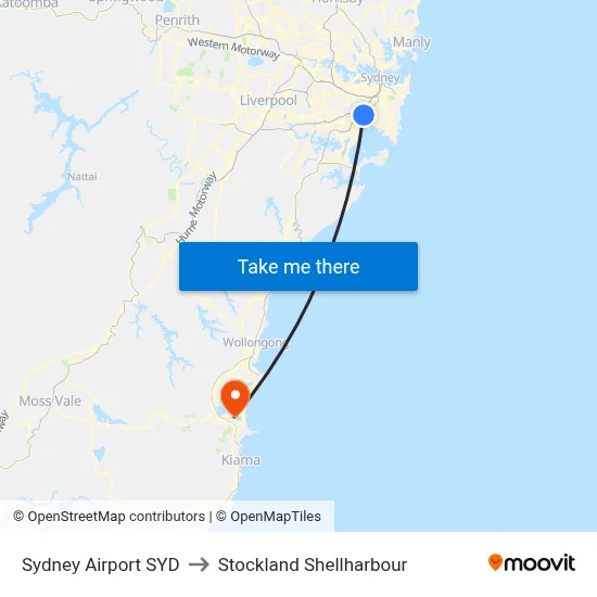 Sydney Airport SYD to Stockland Shellharbour map