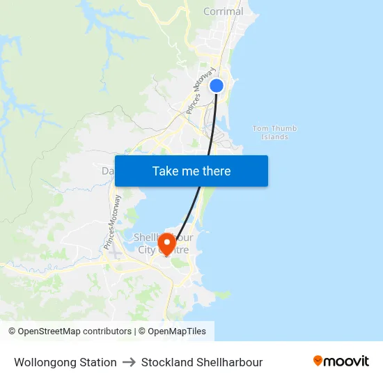 Wollongong Station to Stockland Shellharbour map