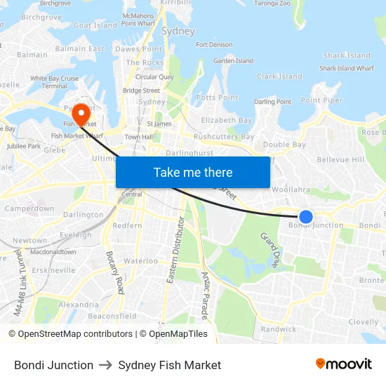 Bondi Junction to Sydney Fish Market map