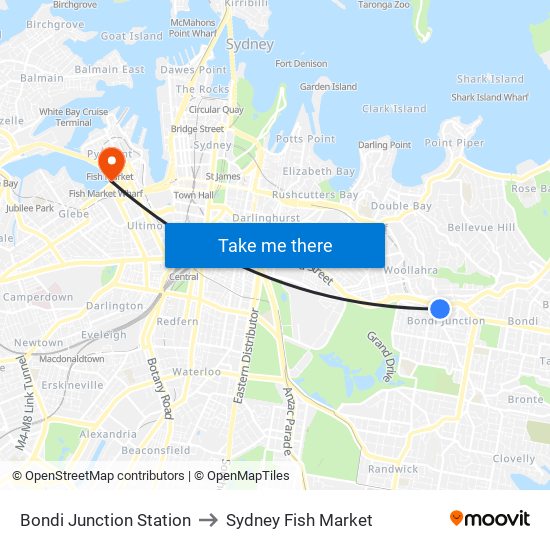 Bondi Junction Station to Sydney Fish Market map