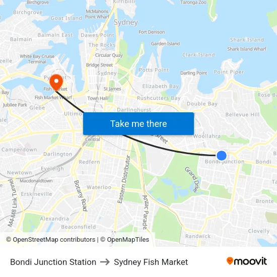 Bondi Junction Station to Sydney Fish Market map