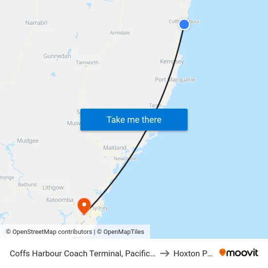 Coffs Harbour Coach Terminal, Pacific Hwy to Hoxton Park map