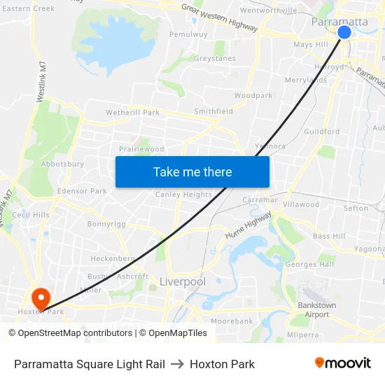 Parramatta Square Light Rail to Hoxton Park map