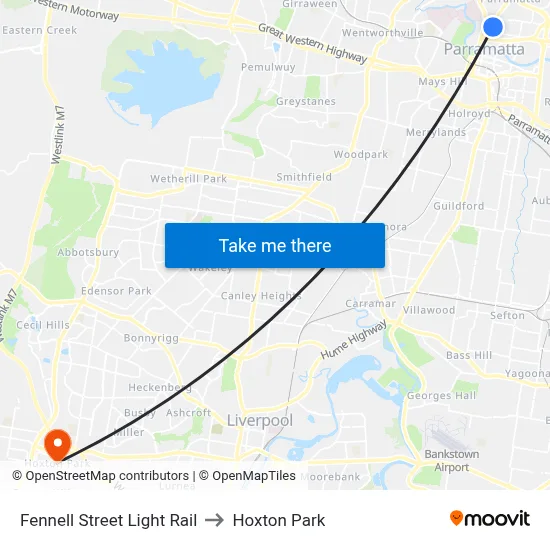 Fennell Street Light Rail to Hoxton Park map