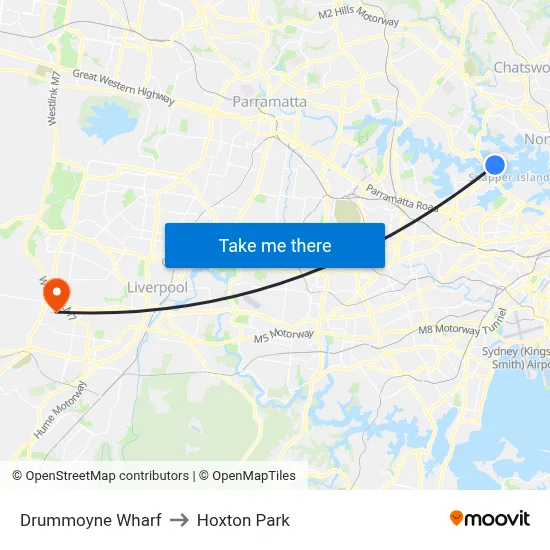 Drummoyne Wharf to Hoxton Park map