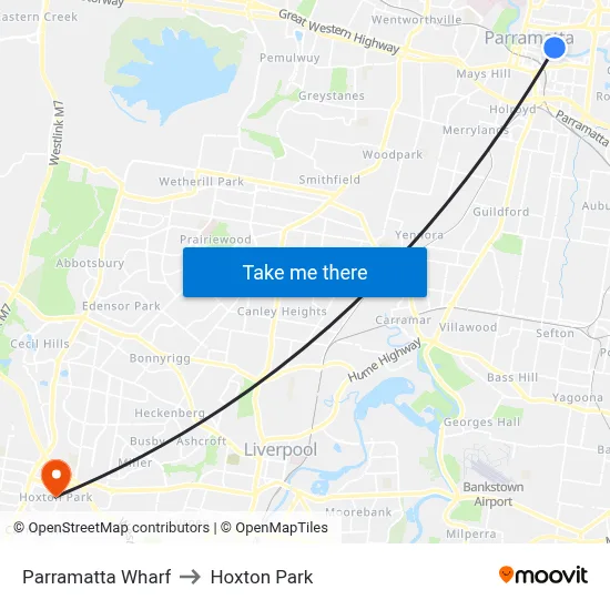 Parramatta Wharf to Hoxton Park map