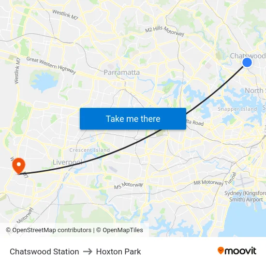 Chatswood Station to Hoxton Park map