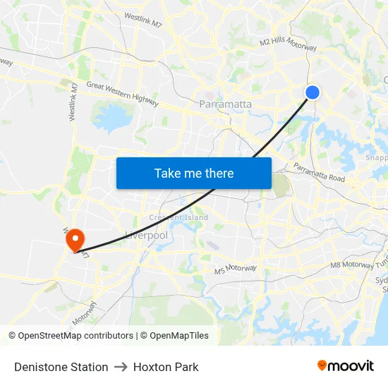 Denistone Station to Hoxton Park map