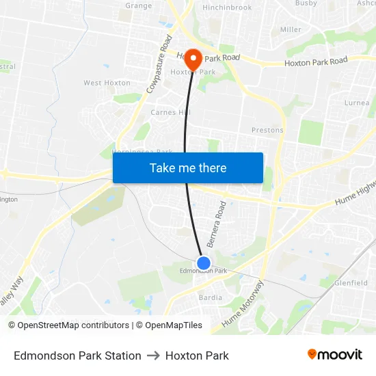 Edmondson Park Station to Hoxton Park map