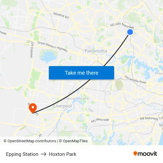 Epping Station to Hoxton Park map