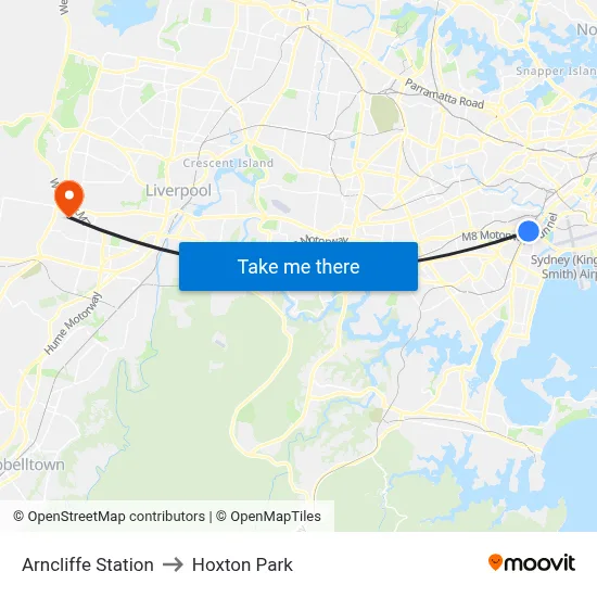 Arncliffe Station to Hoxton Park map