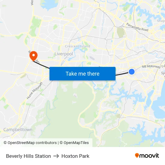 Beverly Hills Station to Hoxton Park map