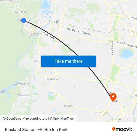 Blaxland Station to Hoxton Park map